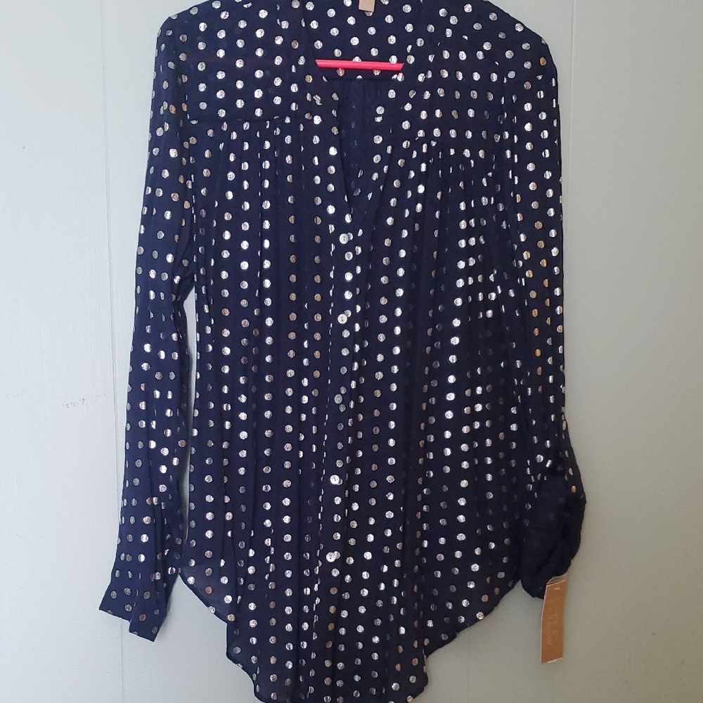 Elegant Navy Polka Dot Button Down Shirt